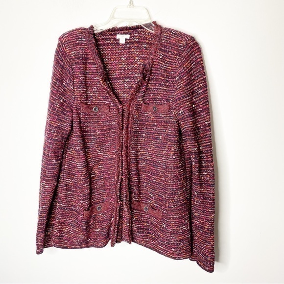 J. Jill Burgundy Knit Tweed Hook Front Fringe Cardigan Size Medium - Picture 1 of 8